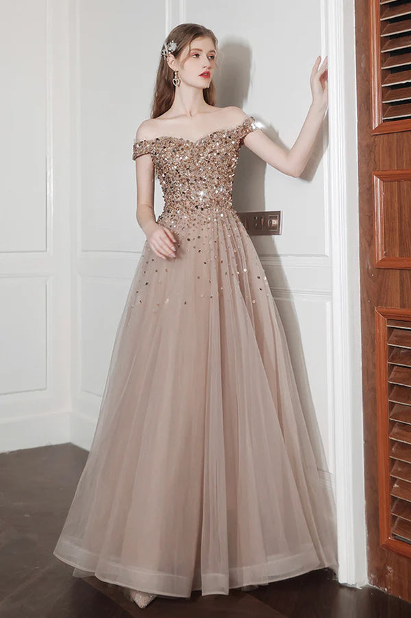 A-Line Tulle Long Prom Dress with Sequins Lovely Off the Shoulder Evening Dress